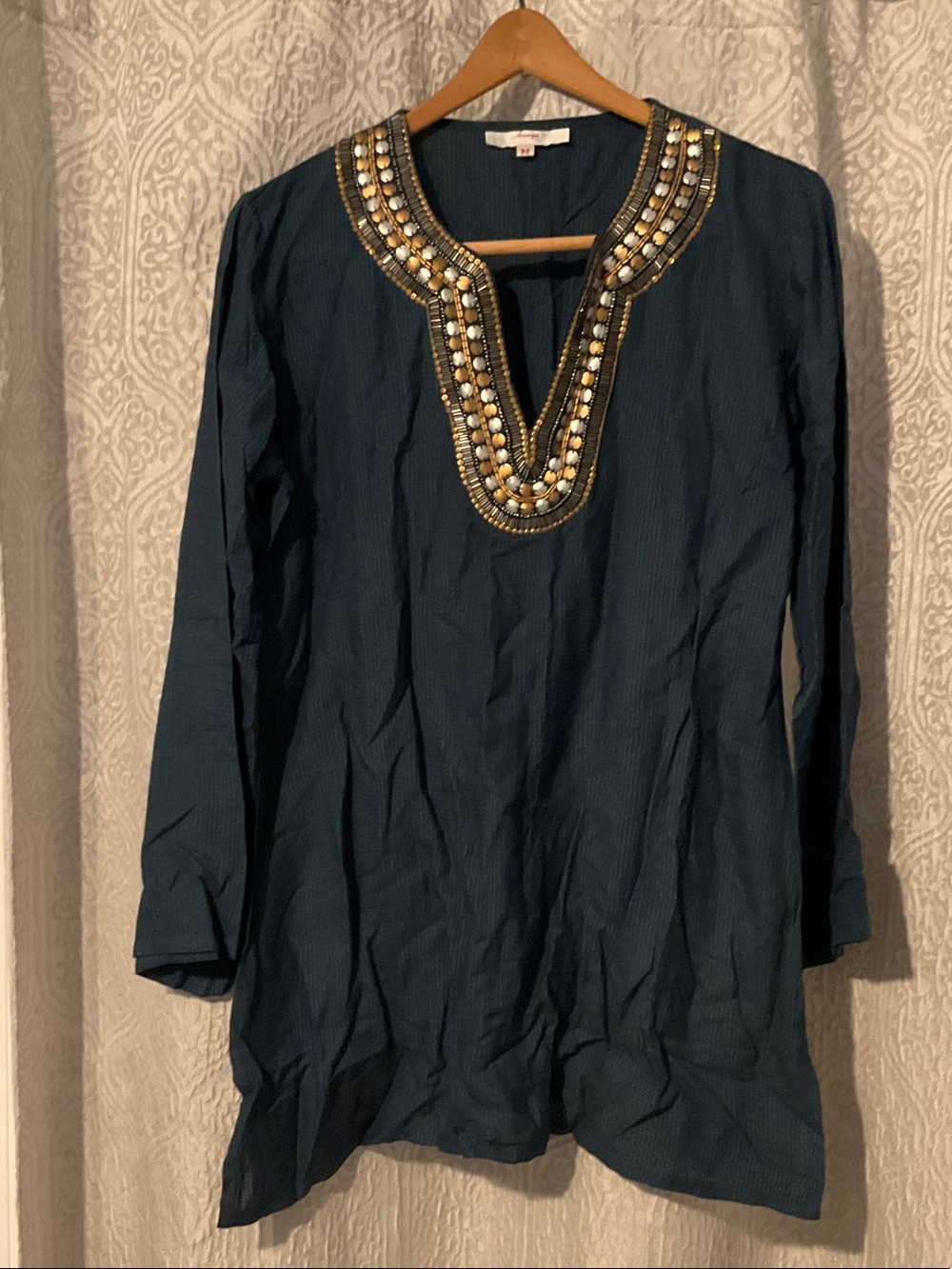 Maya Teal-Blue Tunic with Beaded Mirror Neckline